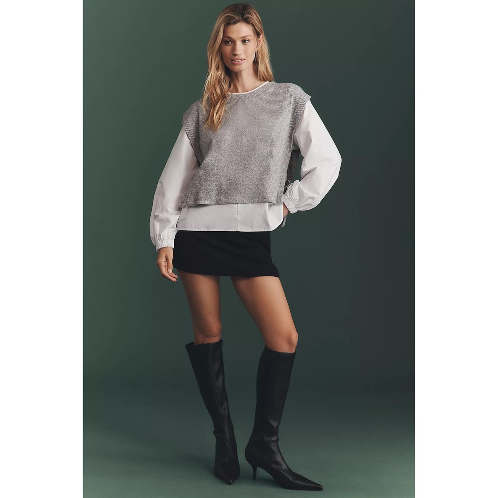 Maeve Anthropologie Twofer Ribbed Sweater Poplin Shirt Layered Top Grey White M - Picture 3 of 9